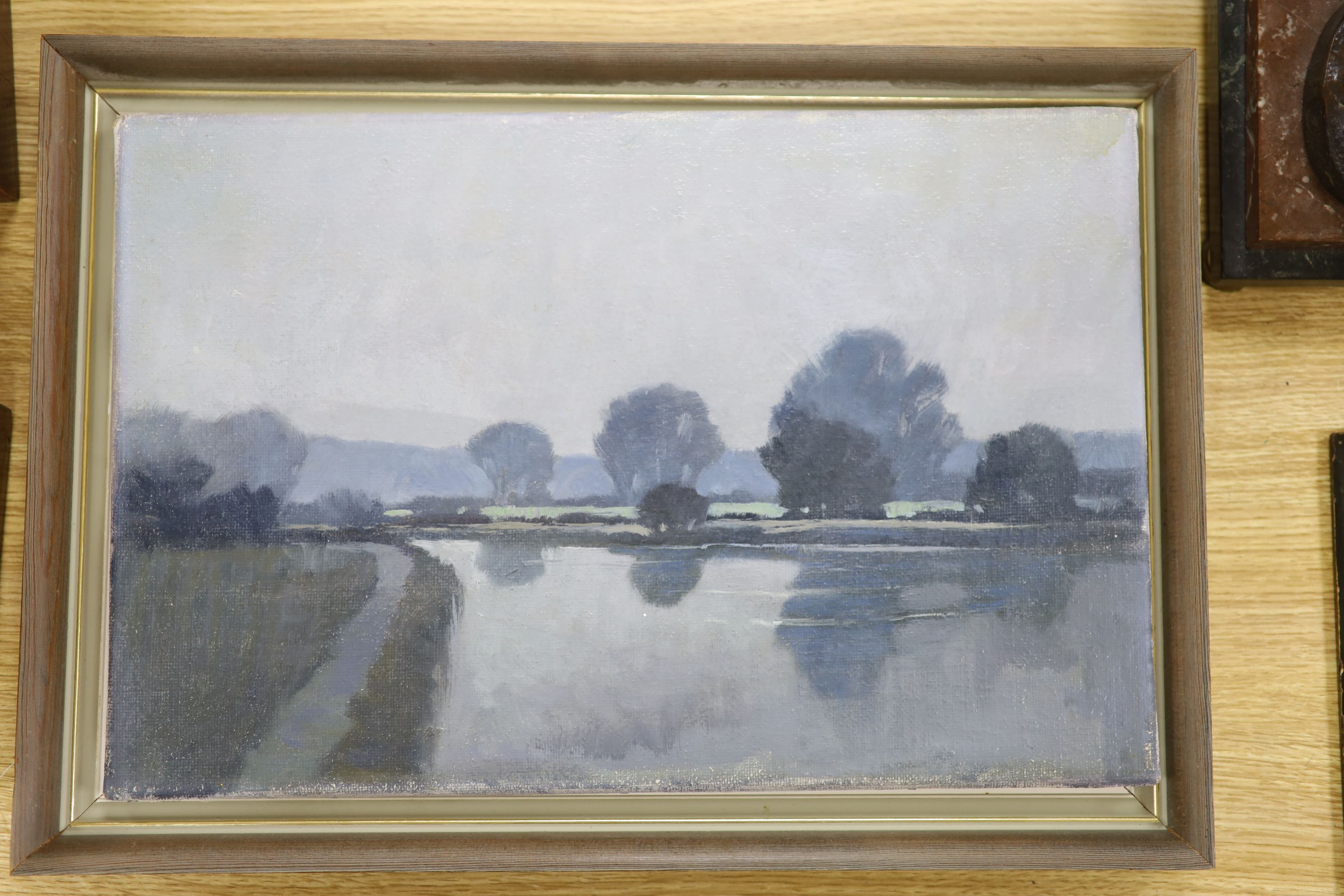 Norman Battershill, oil on canvas, Tranquil river landscape, 30 x 46cm